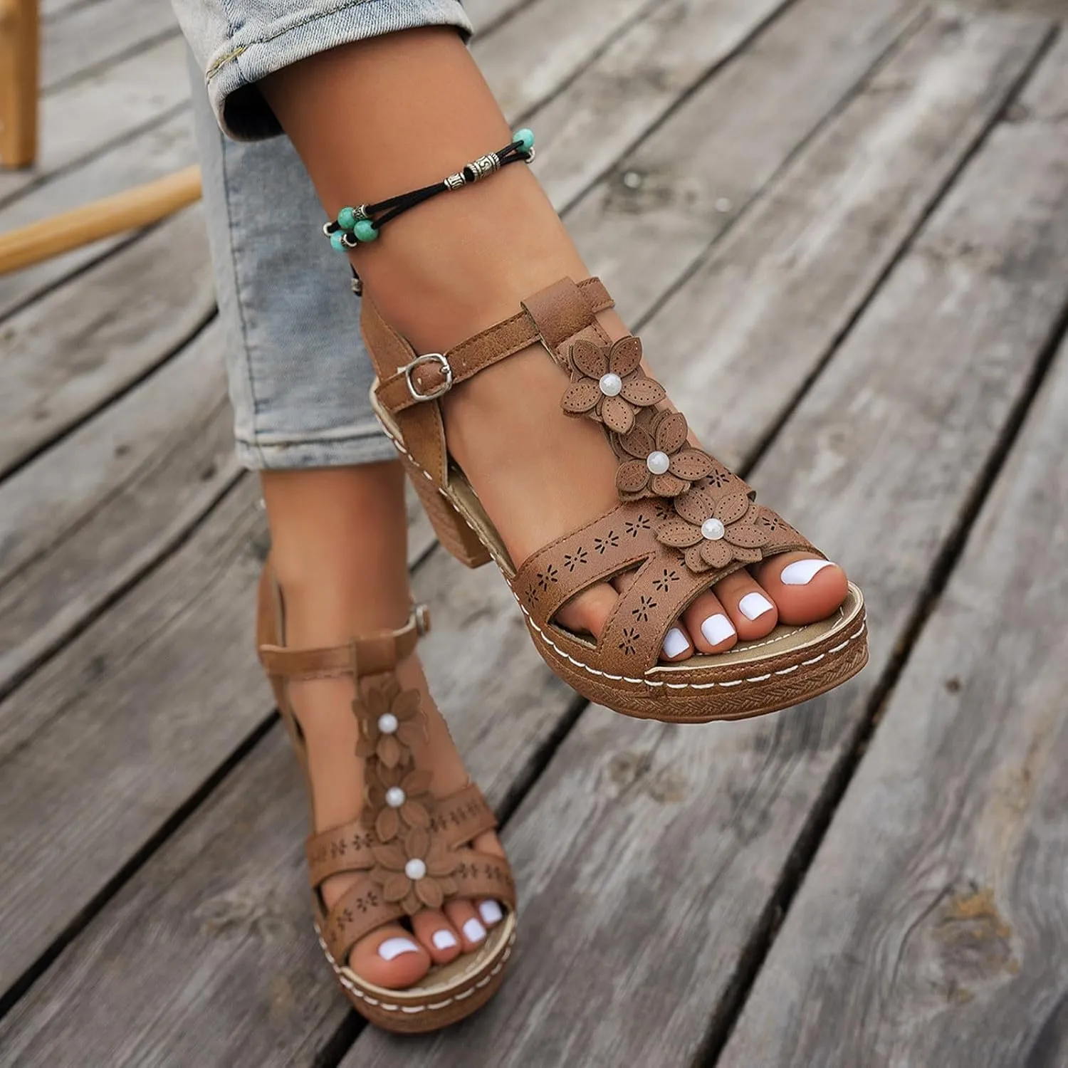 Women's Chunky Block Low Heels Open Toe Ankle Strap Mid Heeled Sandals Flower Fashion Hollow Out Solid Color Summer Casual Sandals Beach Walking Vacation Wedding Party Dress Shoes