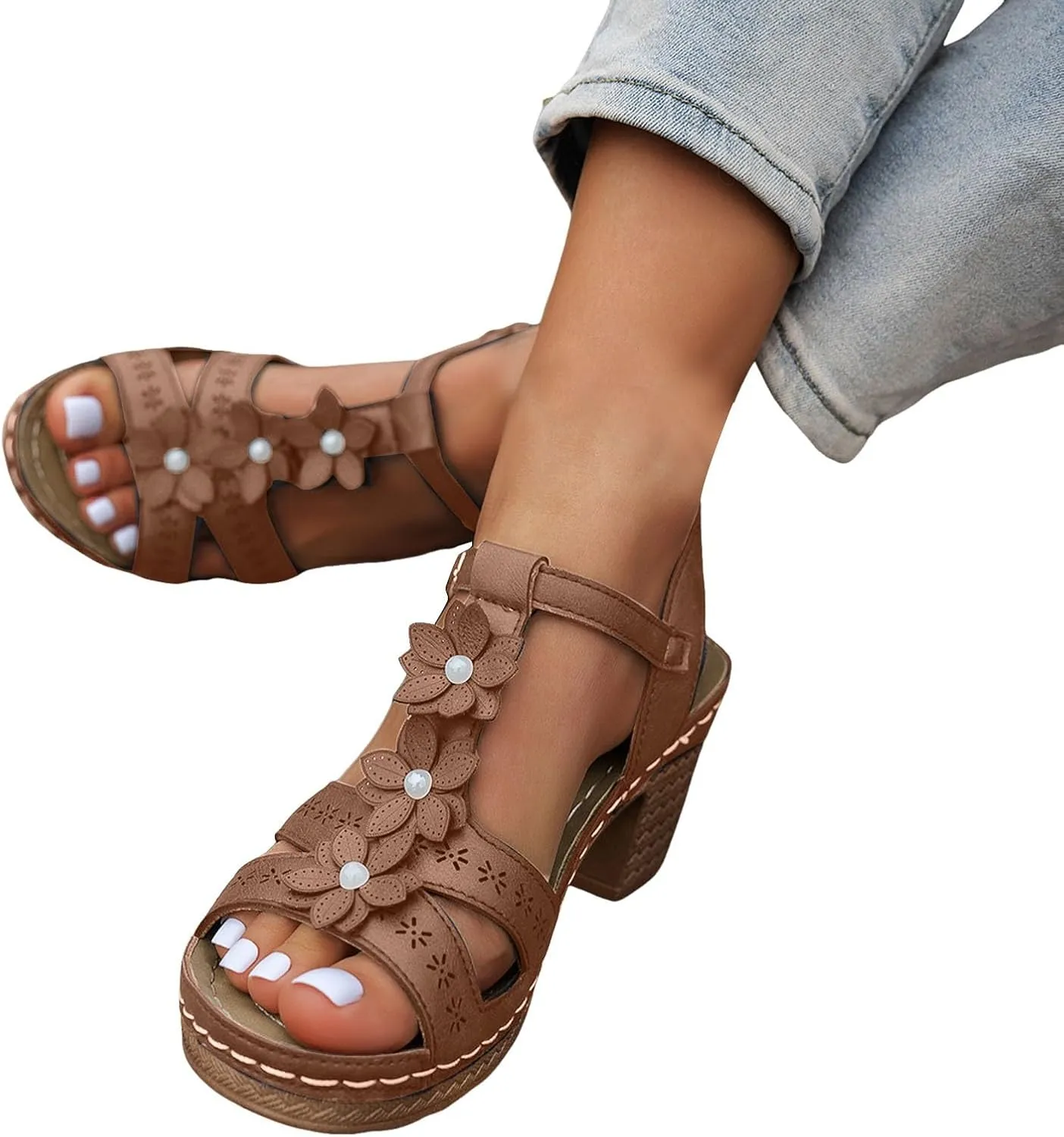 Women's Chunky Block Low Heels Open Toe Ankle Strap Mid Heeled Sandals Flower Fashion Hollow Out Solid Color Summer Casual Sandals Beach Walking Vacation Wedding Party Dress Shoes