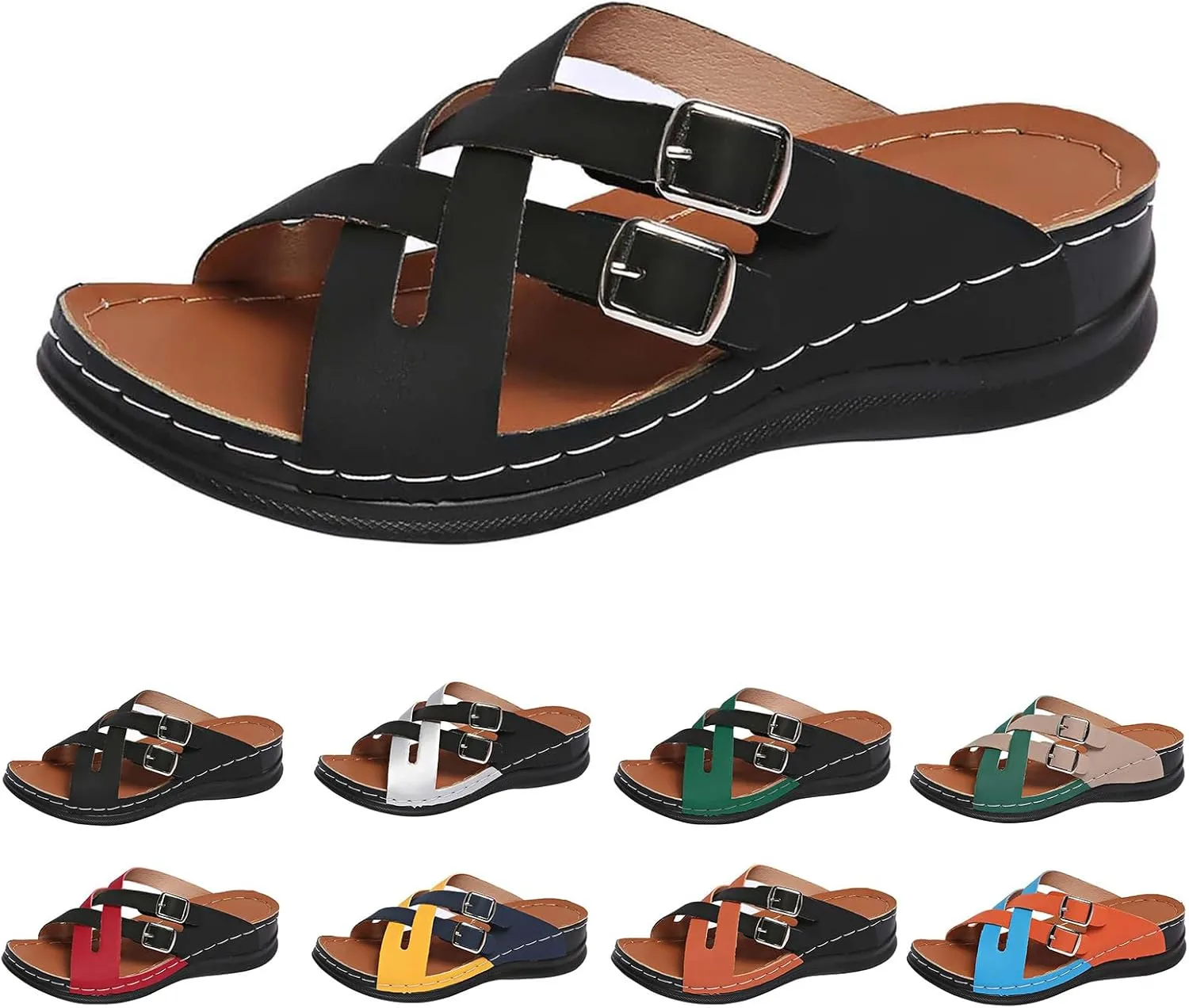 Womens Comfortable Sandals Wedge Shoes Orthopedic Low Wedge Slides Sandals Fashion Cross Strappy Buckle Walking Beach Slippers Casual Bohemia Outdoor Wedges