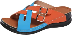 Womens Comfortable Sandals Wedge Shoes Orthopedic Low Wedge Slides Sandals Fashion Cross Strappy Buckle Walking Beach Slippers Casual Bohemia Outdoor Wedges