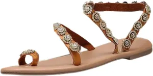 Womens Flats Comfortable Dressy Rhinestones Sparkly Toe Ring Loop Sandals Open Toe Slip On Dress Flat Beach Summer Boho Sandals