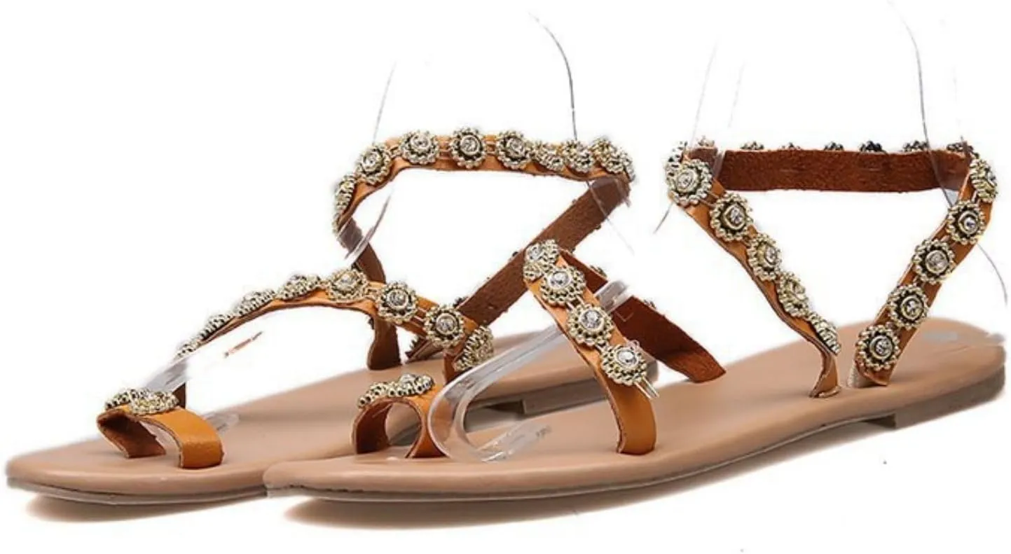 Womens Flats Comfortable Dressy Rhinestones Sparkly Toe Ring Loop Sandals Open Toe Slip On Dress Flat Beach Summer Boho Sandals