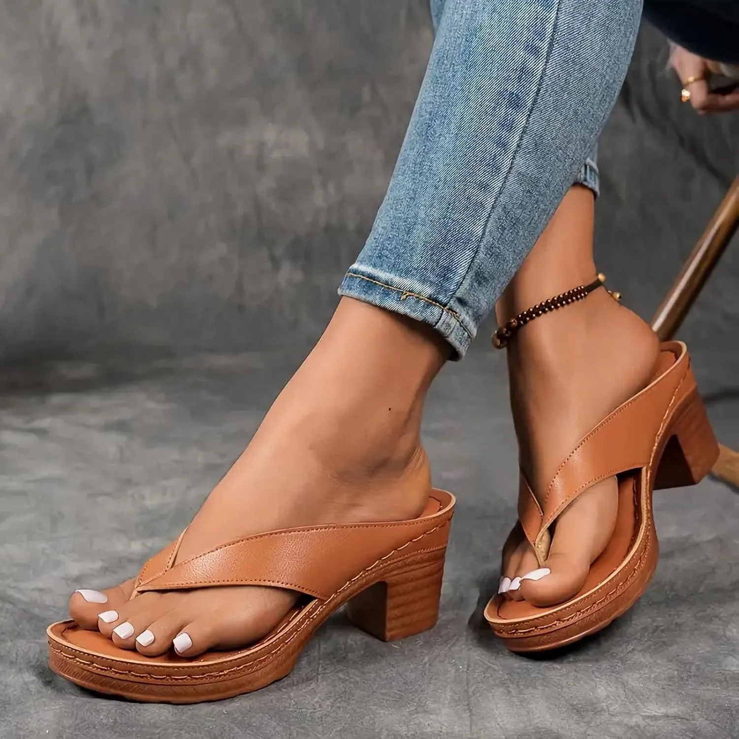 Womens Heeled Sandals Open Toe Square Slip on Flip Flops Comfortable Arch Support Summer Chunky Heel Sandals Casual Thong Walking Breathable Color Block Shoes
