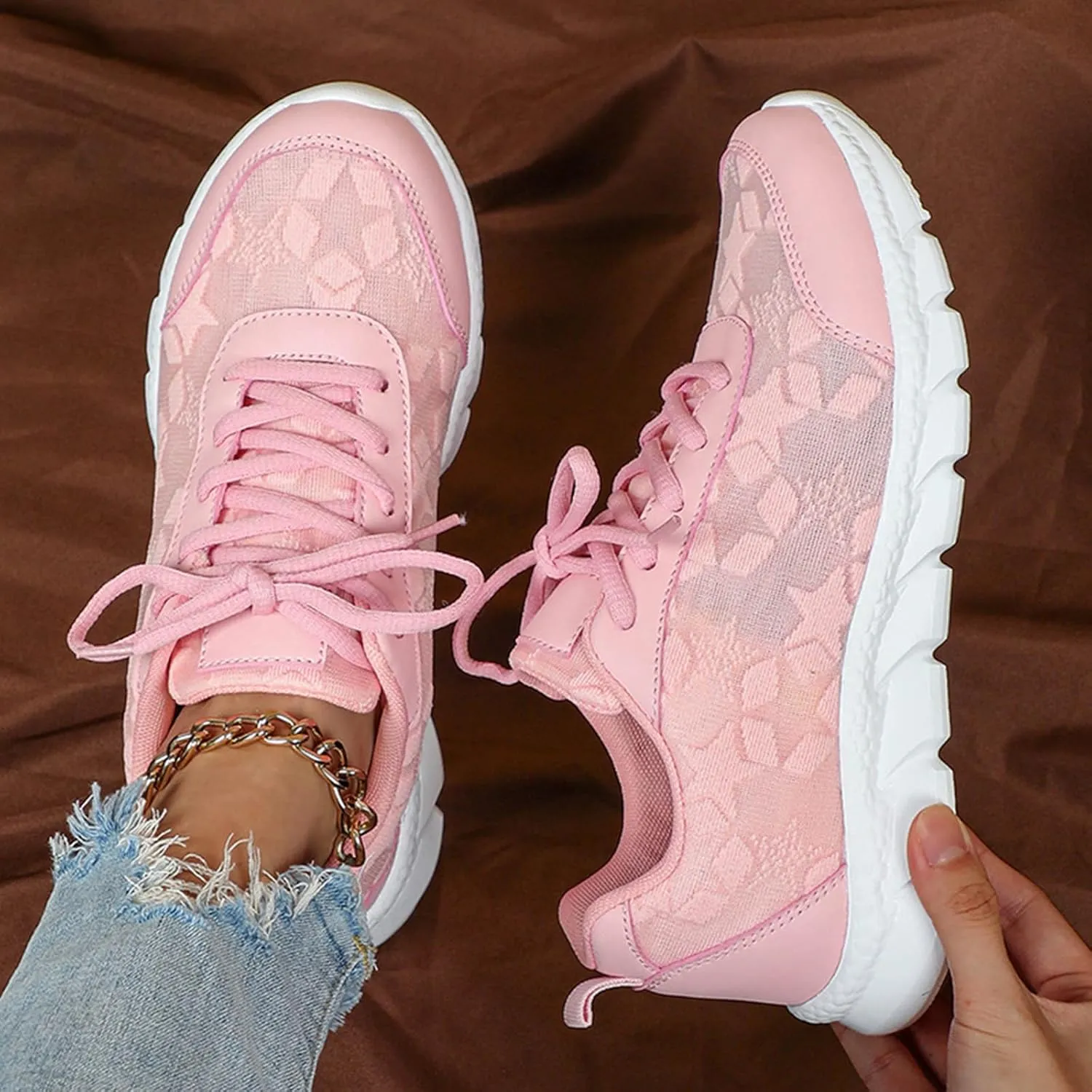 Women's Luxurious Orthopedic Sneakers, Hollow Breathable Mesh Shoes, Fashion Hollow Lace Print Shoes for Women