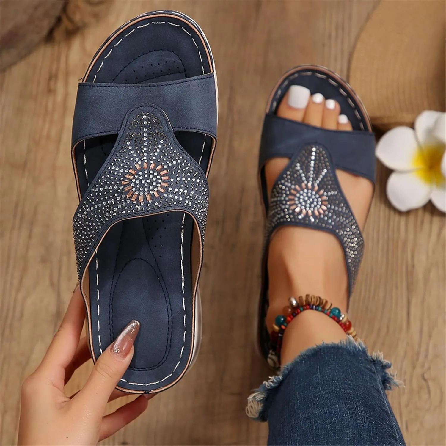 Womens Orthopedic Wedge Sandals Hollow Out Breathable Slip on Shoes Arch Support Open Toe Casual Beach Walking Comfortable Summer Dress Platform Wedge Slippers