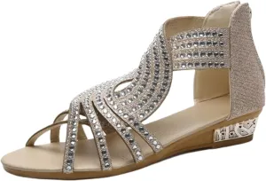 Womens Slide Wedge Sandal Crystal Rhinestone Fish Mouth Dressy Bling Sparkly Thong Sandals Arch Supports Casual Walking Comfortable Slip on Fashion Boho Shoes