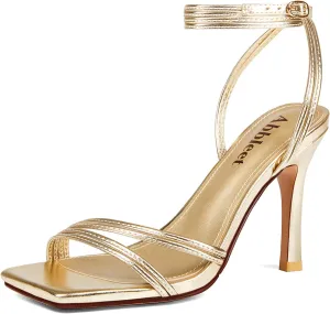 Women's Strappy High Heels Square Open Toe Stilettos Heeled Sandals with Ankle Strap for Prom Party Daily Wedding Wear