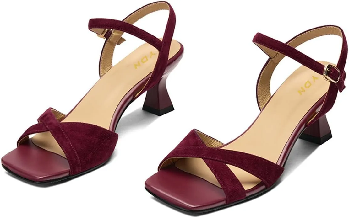 YDN Women Chic Kitten Heel Open Square Toe Sandals Easy Buckle Straps Low Heeled Shoes for Evening Party Prom Size 4-16 US