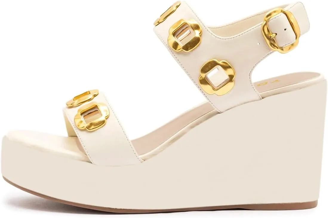 YDN Women's Open Toe Wedges High Heeled Sandals Metal Decor Strap Buckle Platform Shoes for Outdoor Party Casual Size 4-16 US