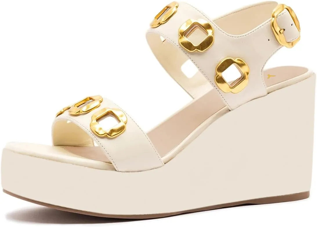 YDN Women's Open Toe Wedges High Heeled Sandals Metal Decor Strap Buckle Platform Shoes for Outdoor Party Casual Size 4-16 US