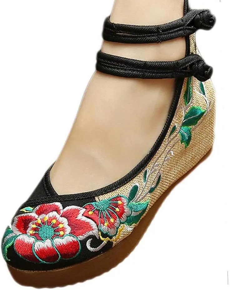 YIBLBOX Women's Chinese Traditional Ankle Strap Embroidery Floral Strappy Round Toe Platform Wedges Shoes