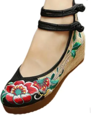 YIBLBOX Women's Chinese Traditional Ankle Strap Embroidery Floral Strappy Round Toe Platform Wedges Shoes
