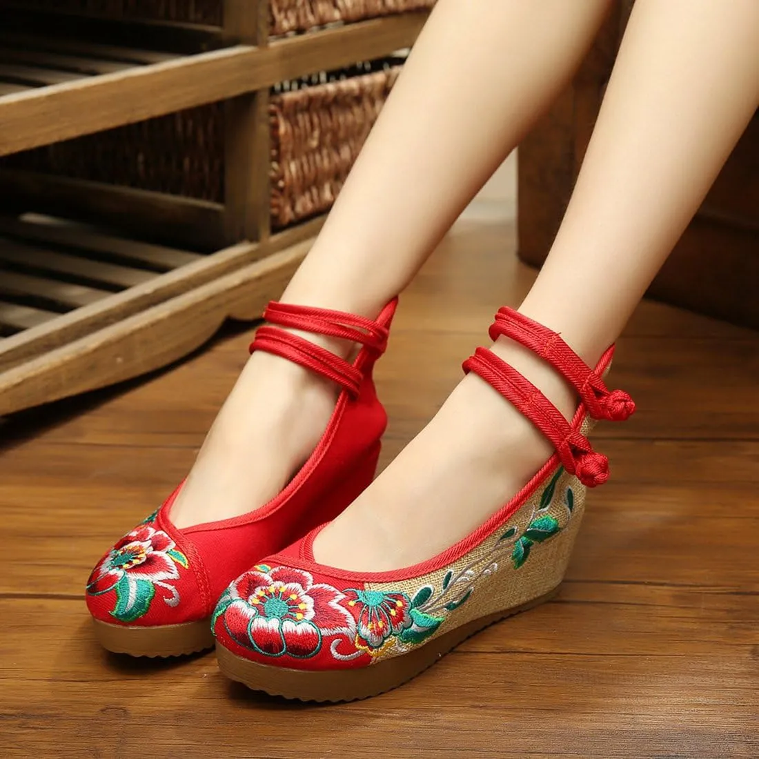 YIBLBOX Women's Chinese Traditional Ankle Strap Embroidery Floral Strappy Round Toe Platform Wedges Shoes