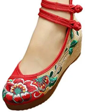 YIBLBOX Women's Chinese Traditional Ankle Strap Embroidery Floral Strappy Round Toe Platform Wedges Shoes