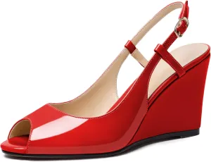 Zamikoo Women's Peep Toe Slingback Pumps 3.5" Wedge Heels Sandals with Adjustable Strap Solid Buckle Patent Leather US Size 5- Size 13