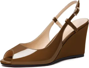 Zamikoo Women's Peep Toe Slingback Pumps 3.5" Wedge Heels Sandals with Adjustable Strap Solid Buckle Patent Leather US Size 5- Size 13