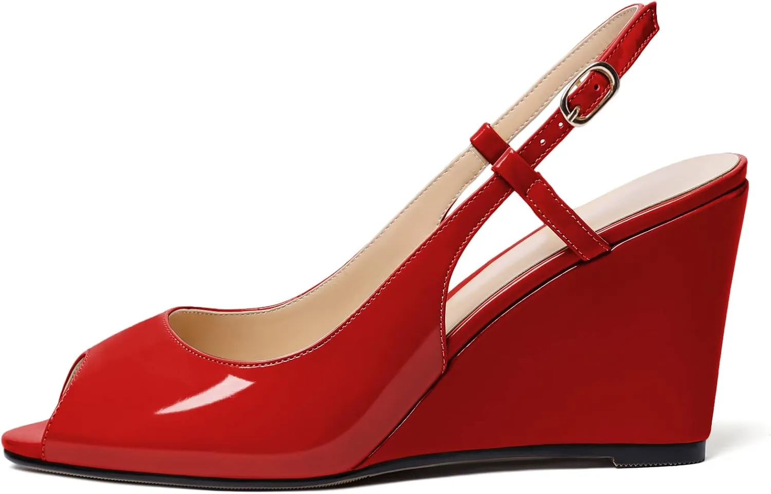Zamikoo Women's Peep Toe Slingback Pumps 3.5" Wedge Heels Sandals with Adjustable Strap Solid Buckle Patent Leather US Size 5- Size 13