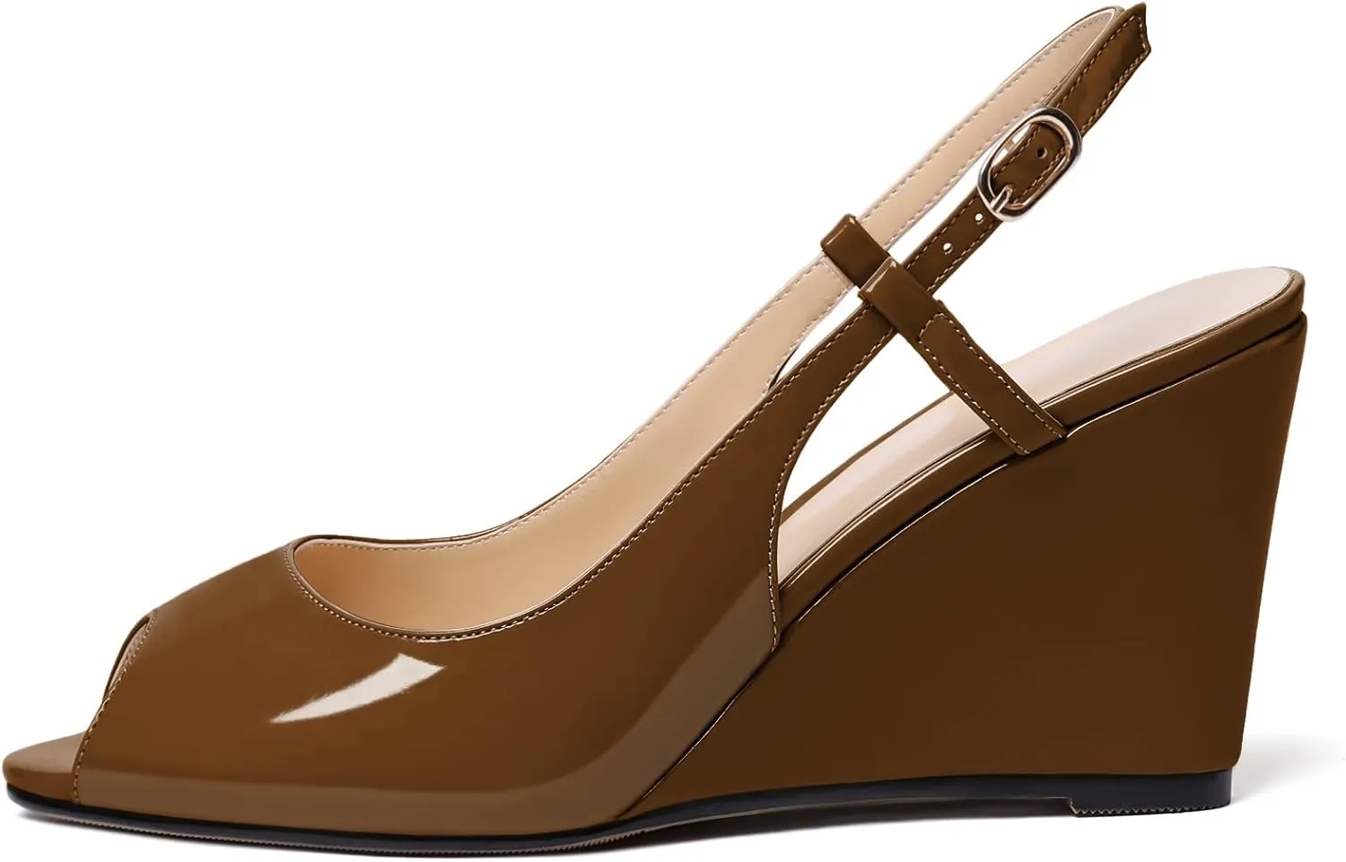 Zamikoo Women's Peep Toe Slingback Pumps 3.5" Wedge Heels Sandals with Adjustable Strap Solid Buckle Patent Leather US Size 5- Size 13