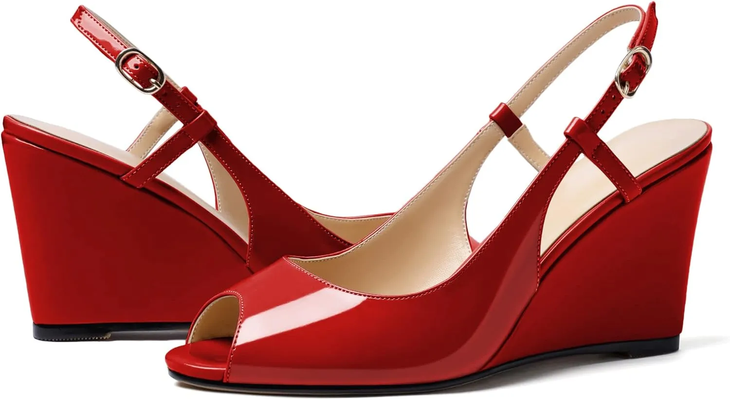 Zamikoo Women's Peep Toe Slingback Pumps 3.5" Wedge Heels Sandals with Adjustable Strap Solid Buckle Patent Leather US Size 5- Size 13